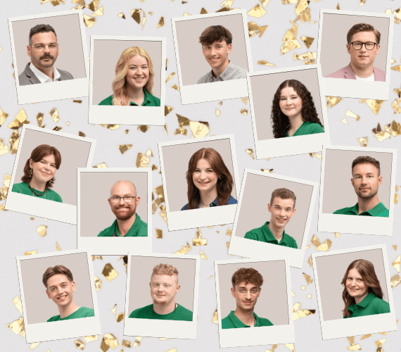 Ein Plakat mit Portraitfotos von Männern und Frauen auf goldenem Konfettihintergrund