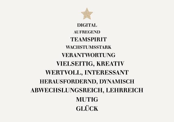 Die Silhouette eines Tannenbaums gefüllt mit unterschiedlichen Worten und goldenem Stern auf beigen Hintergrund