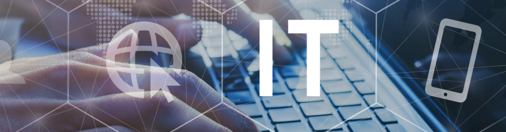 Eine Hand tippt auf einer Tastatur, im Vordergrund sind ein Globus‑Icon, ein Smartphone‑Umriss, IT und Netzwerk‑Linien