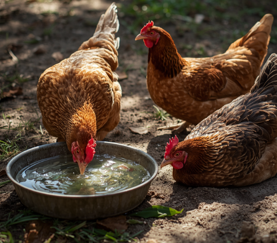 Drei braune Hühner in einem schattigen Garten trinken Wasser und nehmen ein Sandbad