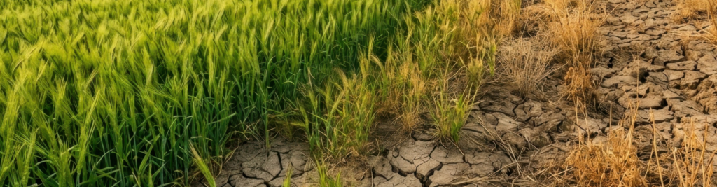 Grünes Getreidefeld neben ausgetrocknetem, rissigem Boden als Symbol für Klimawandel