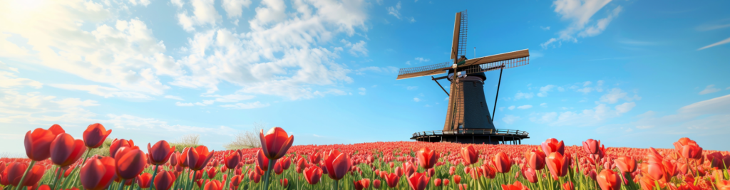 Eine braune Windmühle steht in einem roten Tulpenfeld bei blau-weißem Himmel