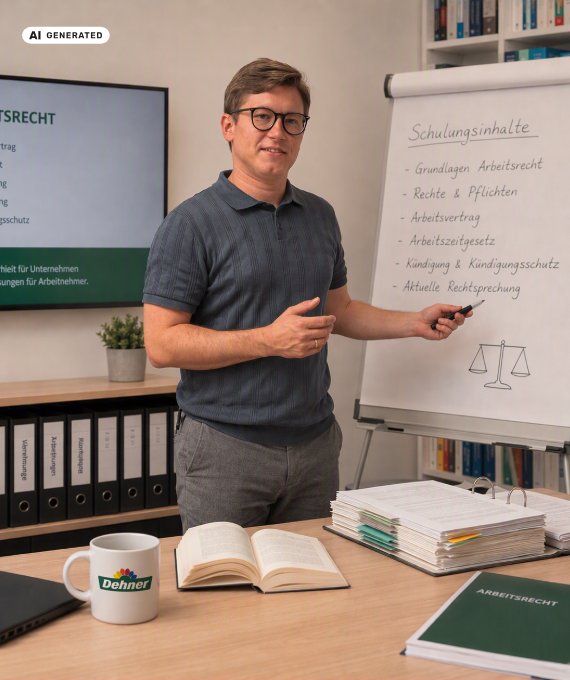 Ein Jurist steht an einem Flipchart und hält eine Schulung zum Thema Arbeitsrecht