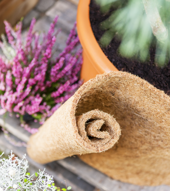 Eine Kokosmatte wird als Frostschutz um einen braunen Blumentopf gewickelt